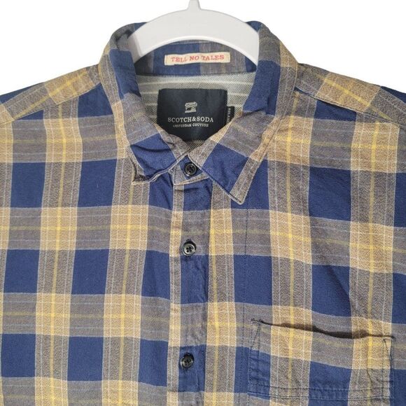 Scotch and Soda Flannel Button Down Shirt Mens S Long Sleeve Blue Gold Plaid - Picture 2 of 14